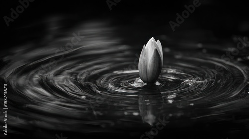 Water lily bud stands tall amidst widening ripples on a reflective, dark water surface