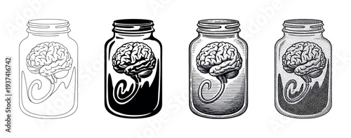 Four distinct black and white human brains preserved inside glass jars, each rendered in a unique vintage illustration style, showcasing anatomical detail and conceptual thought