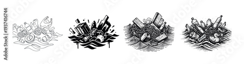 Four distinct illustrations depict various ocean pollution scenarios, showcasing different styles of marine debris and environmental waste floating in wavy water with a stark, graphic aesthetic