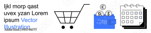 E-commerce, financial management, scheduling, online shopping, business planning, time tracking. Shopping cart, wallet with inserted coins and a calendar. E-commerce and financial management