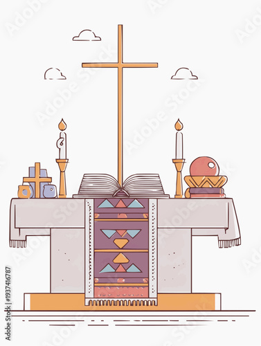 Flat vector illustration of an open Bible on an altar with a cross, suitable for religious websites, church bulletins, or spiritual publications.