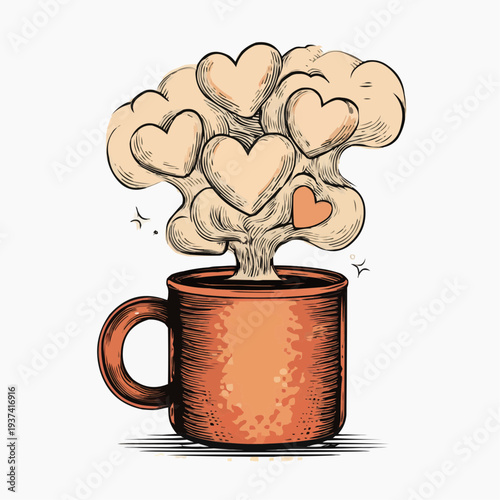 Flat vector illustration of a steaming mug with exaggerated hearts, suitable for coffee shop branding, social media, or romantic themes.