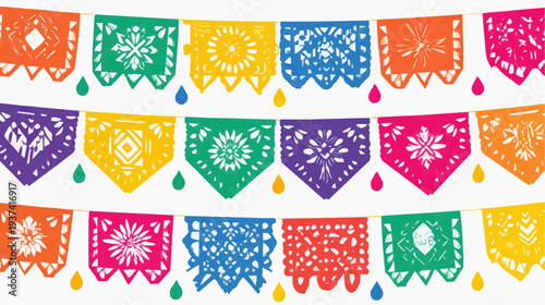 Flat vector illustration of colorful Mexican papel picado banners, perfect for fiesta invitations, cultural event promotions, or festive decor.