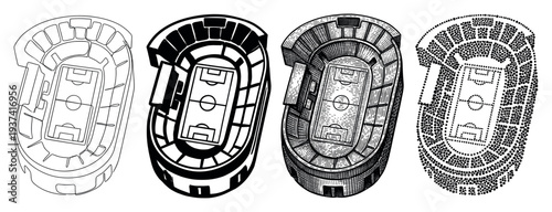 Four stylized soccer stadium illustrations showcase diverse artistic techniques from an aerial perspective, featuring line art, solid shapes, engraving, and stipple patterns