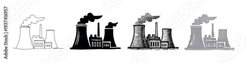 Four distinct industrial power plant illustrations depict various graphic styles of factories emitting smoke, showcasing different artistic interpretations of energy production