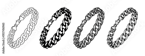 Four distinct black and white chain bracelets are showcased in various artistic styles, including outline, solid fill, engraved, and stippled, each featuring a detailed cuban link design