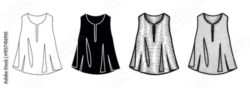 Four stylized sleeveless tunics are depicted in various black and white illustration styles, including outline, solid silhouette, hatching, and stippling, presented in a graphic vector art format