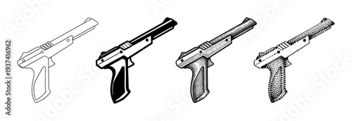 Four distinct graphic handgun illustrations display varying artistic styles, including outline, solid fill, hatched, and stippled techniques, presented from an angled perspective