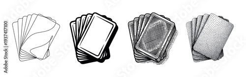 Four distinct black and white fanned playing cards are presented in a row, showcasing various artistic illustration styles including outline, bold line, engraving, and stipple art