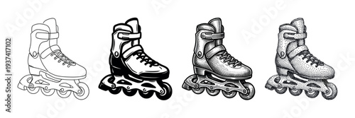 Four inline roller skates depicted in distinct artistic styles, including outline, solid fill, hatching, and stippling, showcasing a vintage illustrative aesthetic