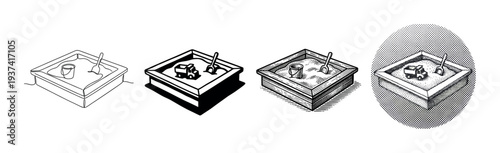 Four distinct graphic styles illustrate a sandbox filled with sand, a small bucket, a shovel, and a toy truck, evoking childhood play in a nostalgic black and white illustration