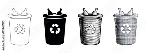 Four distinct graphic recycling bins containing glass bottles are presented in various black and white illustrative styles, symbolizing environmental conservation and waste management