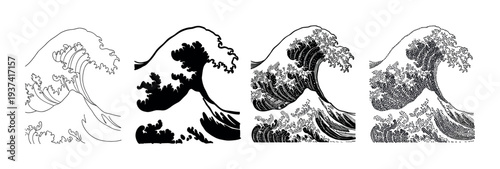 Four stylized black and white ocean waves are dynamically illustrated in a horizontal sequence, showcasing diverse artistic interpretations of powerful sea motion