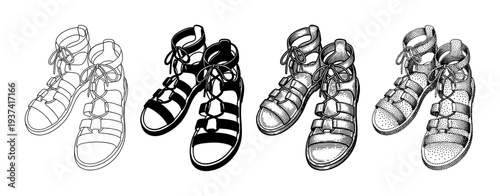 Four pairs of classic gladiator sandals are depicted in various black and white artistic styles, including outline, solid fill, engraving, and stippling, showcasing historical footwear fashion