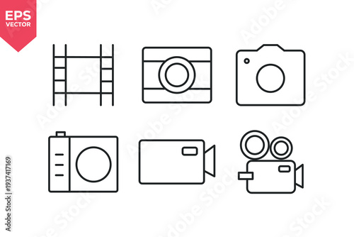 Set of line icons related to photography, camera, lenses, square camera lens, film strip. Editable stroke. Vector illustration