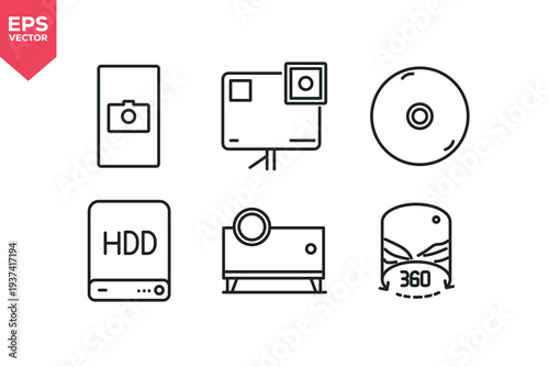 Set of line icons related to photography, camera, CD, external hard disk, 360 photo, projector. Editable stroke. Vector illustration