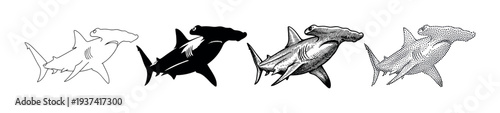 Four different stylized hammerhead shark illustrations are presented in various black and white graphic art styles, showcasing diverse artistic interpretations of the marine predator