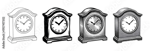 Four distinct black and white mantel clocks are depicted in a row, showcasing various artistic styles from simple outline to detailed engraving and halftone patterns, illustrating vintage timekeeping