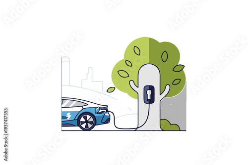 Eco-Friendly Charging: An electric car replenishes its power source at a charging station depicted as a tree, with lush green foliage, promoting eco-conscious travel, sustainability, and green energy.