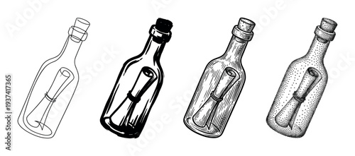 Four distinct hand-drawn message in a bottle illustrations showcasing various artistic styles including outline, solid, engraving, and stipple, depicting a classic communication concept