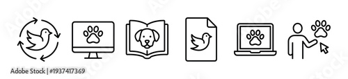 Set of six minimalist animal and digital icons, showcasing birds, paw prints, and a dog's head on screens, books, and documents, rendered in a clean line art style