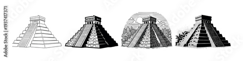 Four ancient stepped pyramid illustrations are depicted in various black and white artistic styles, showcasing historical architectural structures with intricate details and strong graphic contrast