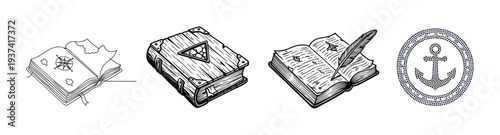 Four distinct hand-drawn illustrations depict ancient books and a nautical anchor emblem, rendered in a classic vintage engraving style with intricate details