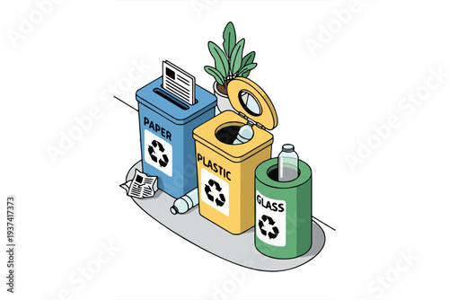 Sorting Icons: A set of colorful recycling bins, each designated for paper, plastic, and glass, stands as a visual symbol of environmental consciousness, promoting responsible waste management.