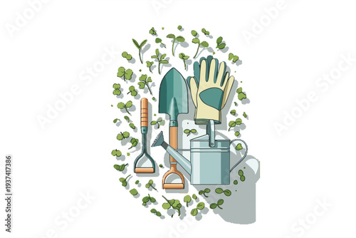 Gardening Essentials: An artful composition of essential gardening tools and young plants showcases the tools required for nurturing a flourishing garden.