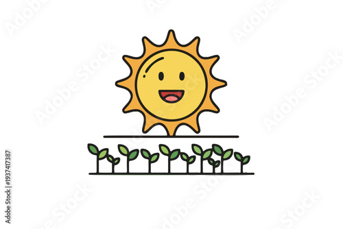 Nurturing Growth: A cheerful sun beams down upon a bed of sprouting seedlings, symbolizing the vitality and blossoming of fresh beginnings.