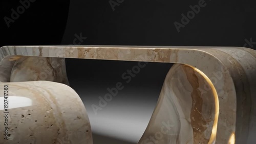 Abstract table with beige marble, showcasing unique curves and sleek design against a dark background