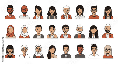 Diverse group of people icons in various ages ethnicities and professions illustrated in flat design on white background symbolizing unity