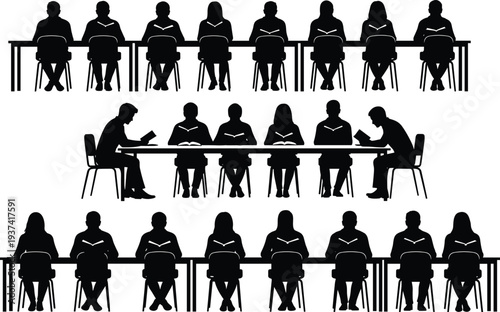 students reading books silhouette set, classroom study group illustration, school students sitting desk, education learning concept, university study vector