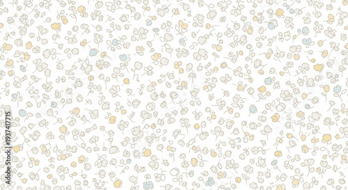 A subtle and delicate seamless pattern featuring numerous small, abstract organic shapes scattered across a white background in light grey, yellow, and blue tones.
