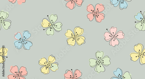 Seamless pattern of delicate pastel-colored five-petal flowers scattered across a soft grey-green background, creating a gentle and decorative floral design.