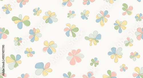 Soft pastel abstract floral shapes scattered across a light background, creating a gentle and whimsical pattern.