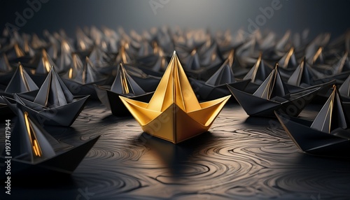 guiding innovation a golden paper boat leads a fleet of black boats embodying leadership and vision