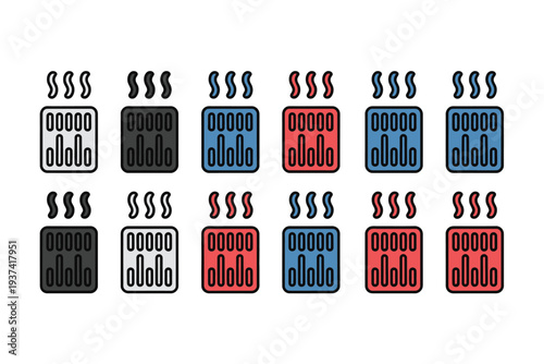 A grid of stylized icons depicts heating radiators in a variety of colors, representing different styles and options.