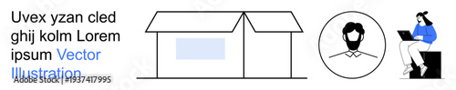 Real estate, online communication, workspace setup, user profiles, remote learning, digital creativity. A simple house structure, user avatar and a person using a laptop. Real estate and online