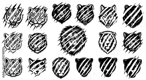 Collection of fierce animal head emblems with claw marks, featuring lions, tigers, bears, and wolves in a black and white graphic style.