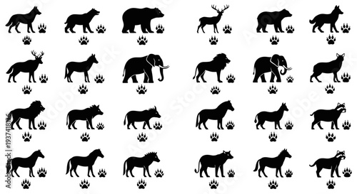 A collection of black silhouette animal icons with corresponding paw prints, featuring various wildlife such as wolves, bears, deer, elephants, lions, boars, and horses.