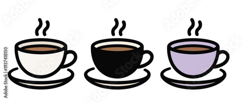 Colorful illustration of three steaming coffee cups on saucers in white, black, and purple hues
