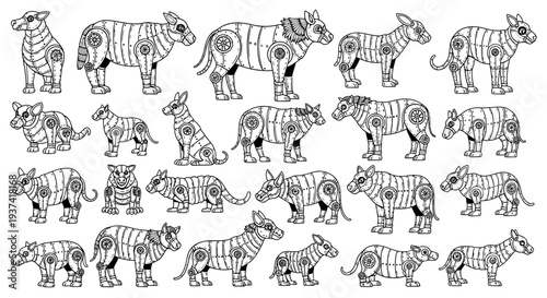 Collection of black and white line art illustrations featuring various animals stylized with intricate mechanical and steampunk elements, perfect for coloring books or graphic design.