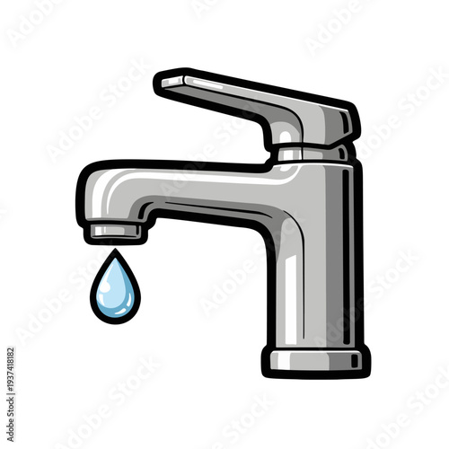 Water faucet dripping drop symbolizing water waste and conservation awareness. Simple plumbing icon illustration highlighting the importance of saving water for World Water Day.