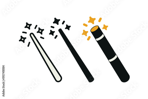 Three stylized magic wands are depicted, each emitting sparkling stars and magical effects.