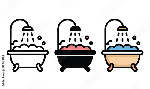 Colorful Bathtubs with Shower Heads and Bubbles, Bathroom Icons