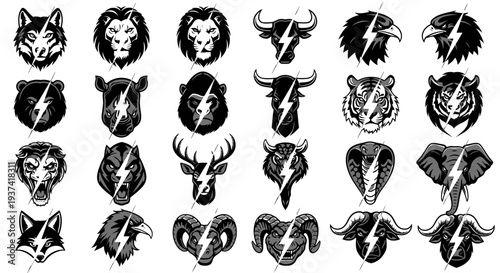 A collection of black and white animal head illustrations, each bisected by a lightning bolt, showcasing various wildlife in a striking graphic style.