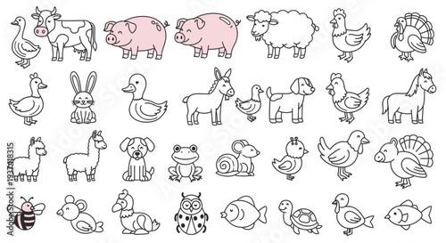 Collection of various cartoon outline animal illustrations including farm animals, pets, and wild creatures.