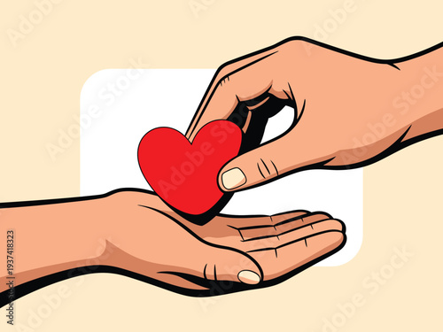 Hands exchanging a red heart symbol, illustration of love and care, heartwarming gesture, affection concept