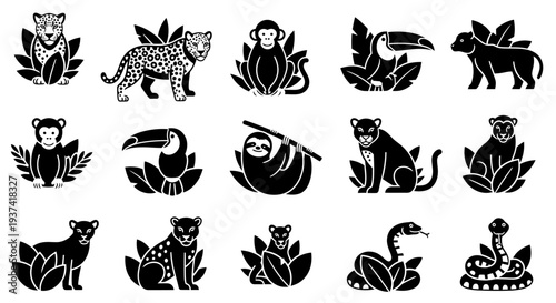 Collection of black and white silhouette illustrations featuring various jungle and rainforest animals with tropical foliage, including leopards, monkeys, toucans, sloths, and snakes.